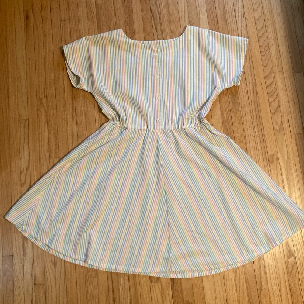 Handmade Vintage 1980s Pastel Rainbow Seersucker Stripe Day Dress with Buttons